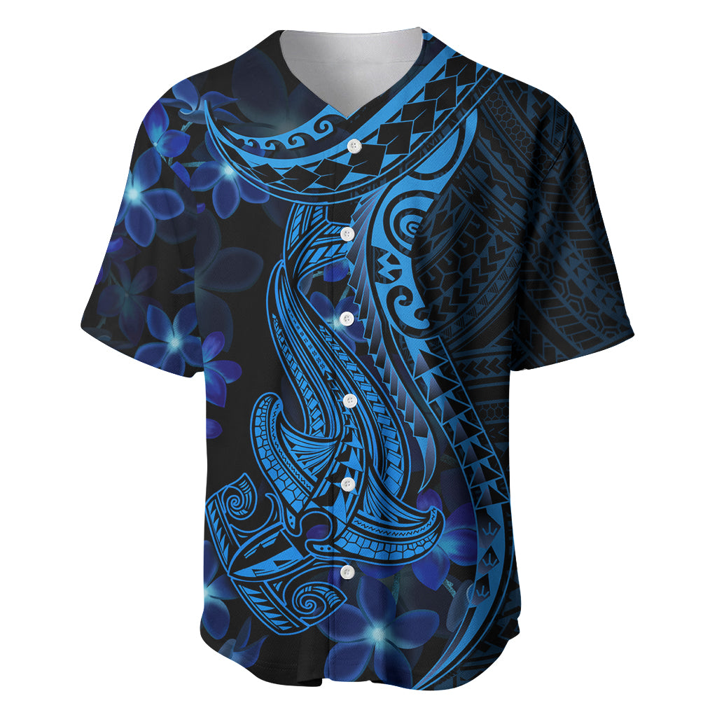Blue Polynesia Shark Tattoo Baseball Jersey With Polynesian Plumeria - Wonder Print Shop