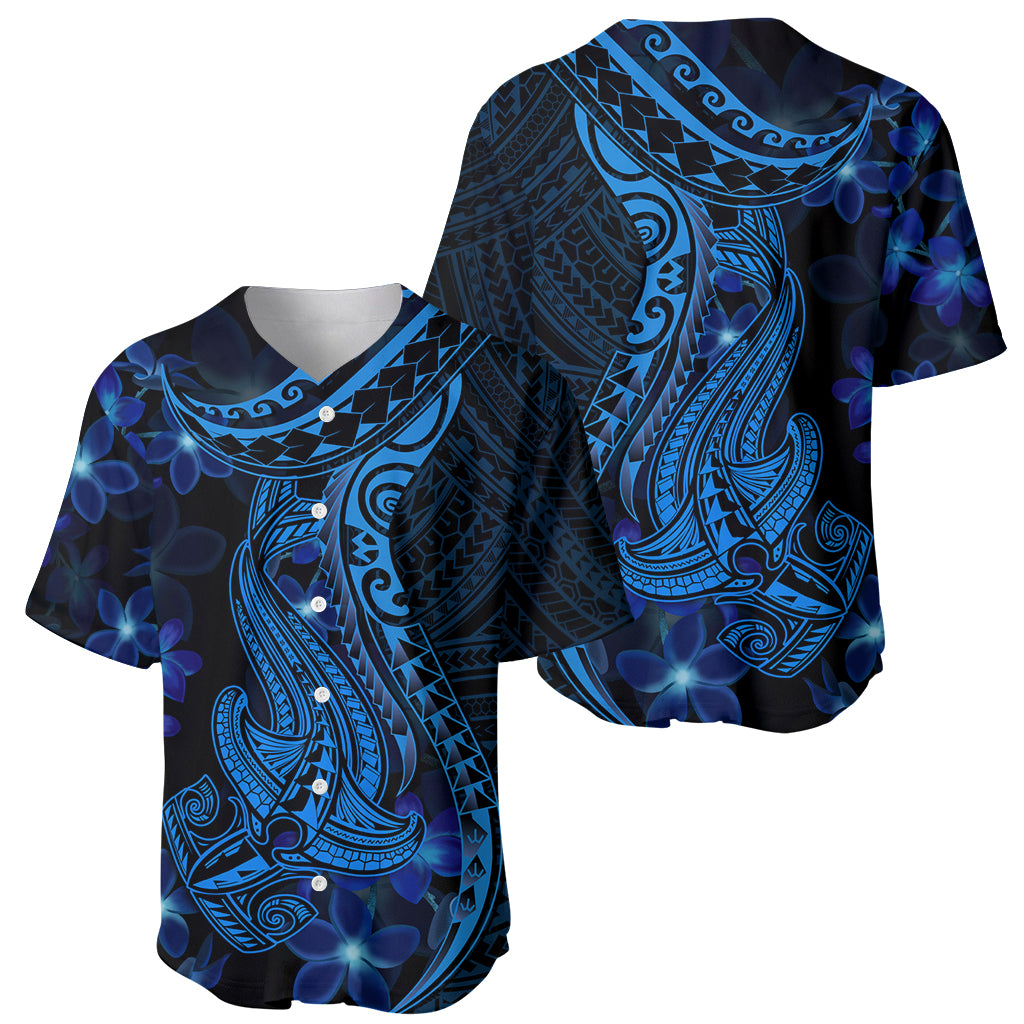 Blue Polynesia Shark Tattoo Baseball Jersey With Polynesian Plumeria - Wonder Print Shop