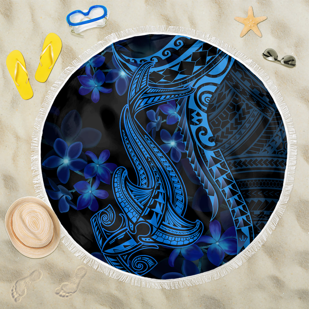 Blue Polynesia Shark Tattoo Beach Blanket With Polynesian Plumeria - Wonder Print Shop