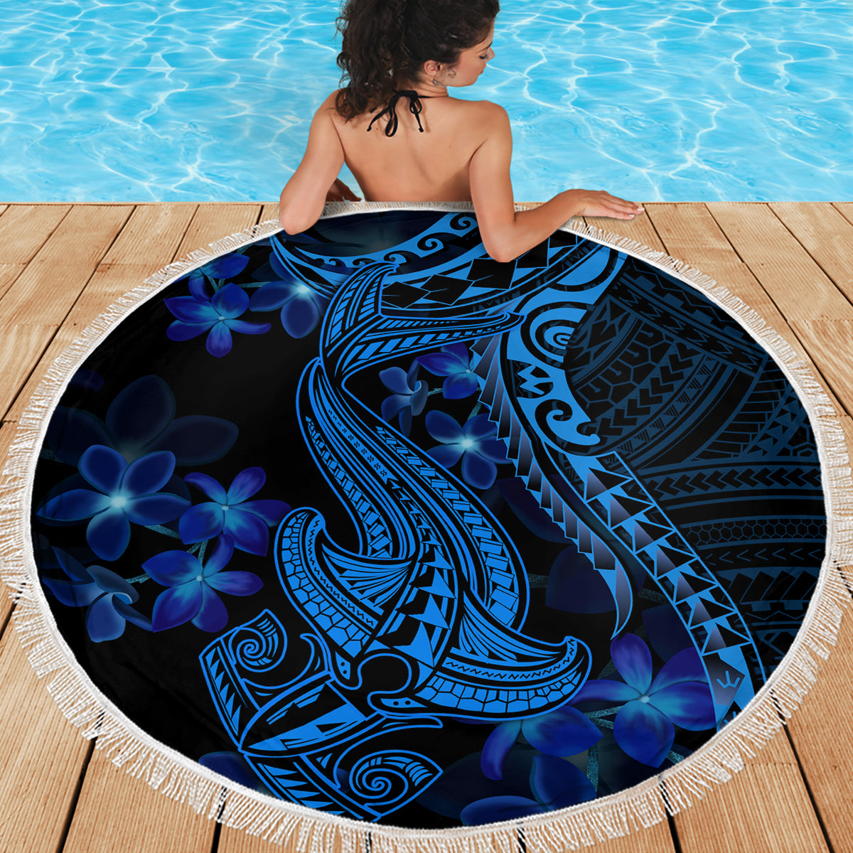 Blue Polynesia Shark Tattoo Beach Blanket With Polynesian Plumeria - Wonder Print Shop