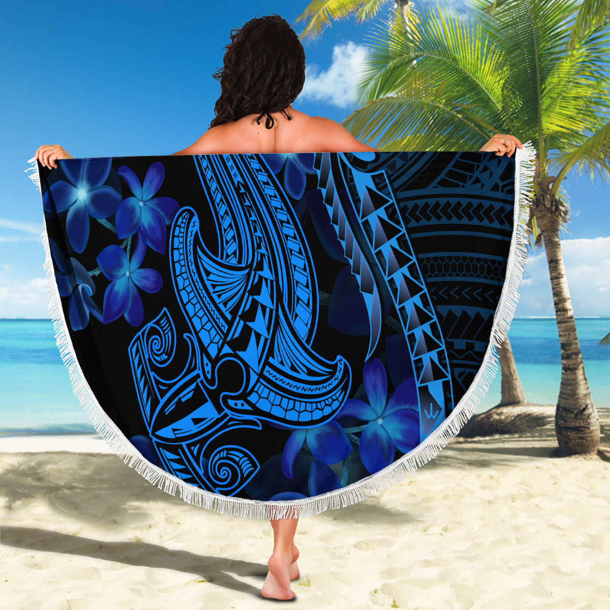 Blue Polynesia Shark Tattoo Beach Blanket With Polynesian Plumeria - Wonder Print Shop