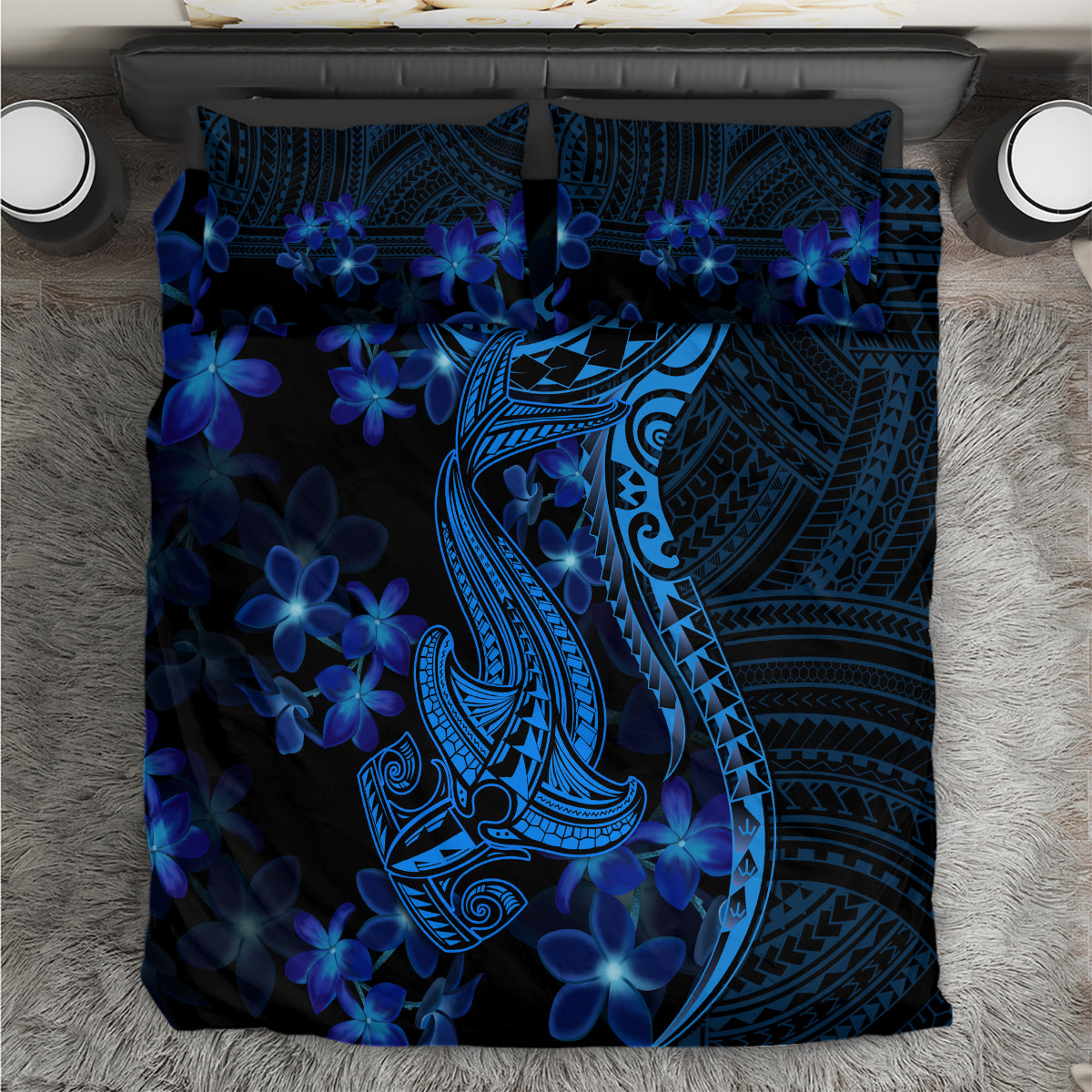 Blue Polynesia Shark Tattoo Bedding Set With Polynesian Plumeria - Wonder Print Shop