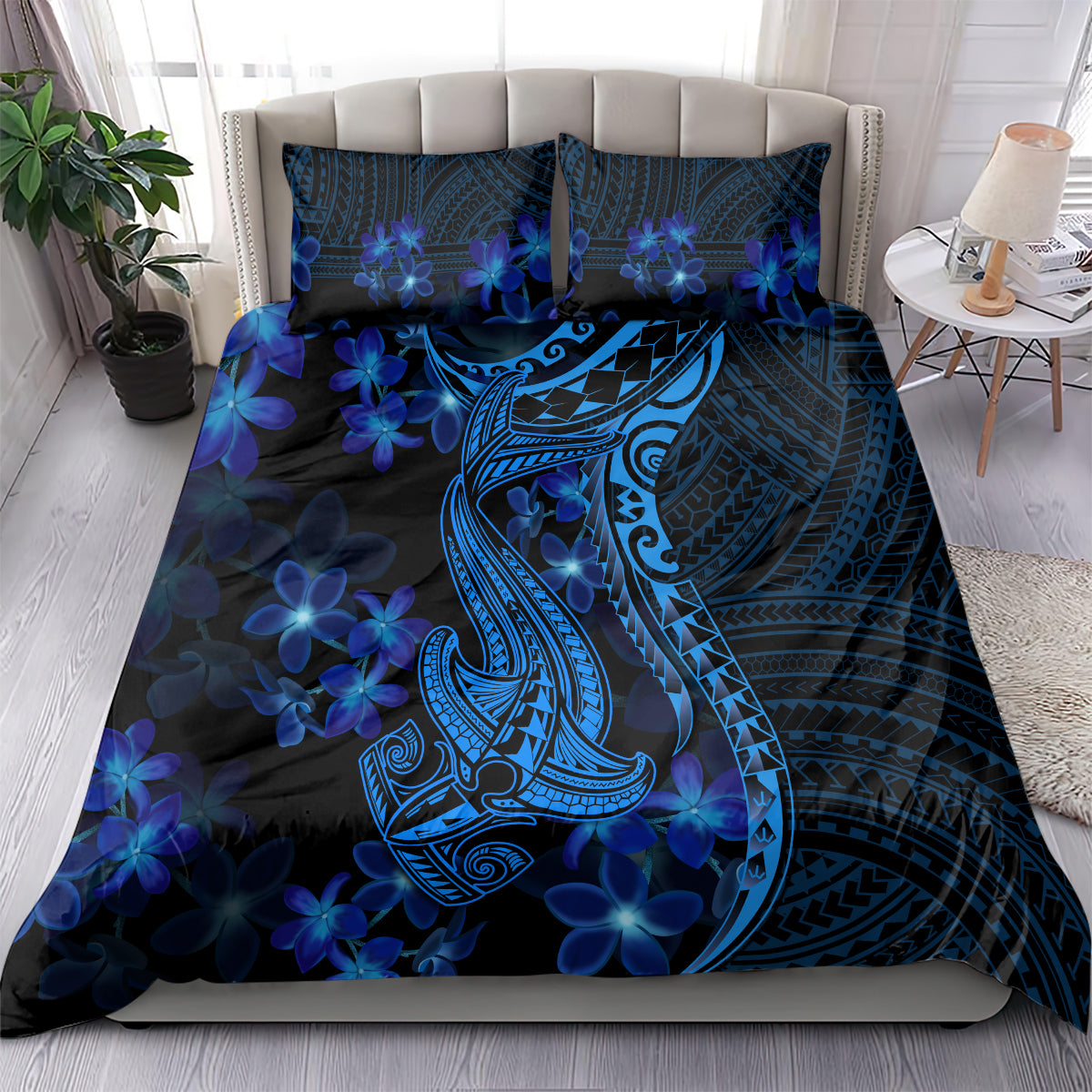 Blue Polynesia Shark Tattoo Bedding Set With Polynesian Plumeria - Wonder Print Shop