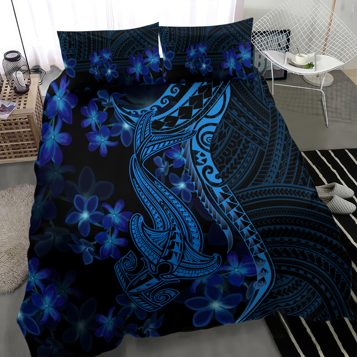 Blue Polynesia Shark Tattoo Bedding Set With Polynesian Plumeria - Wonder Print Shop
