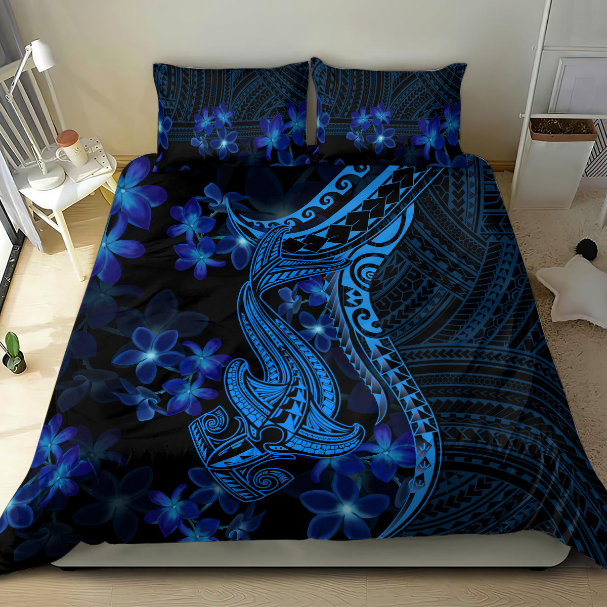 Blue Polynesia Shark Tattoo Bedding Set With Polynesian Plumeria - Wonder Print Shop