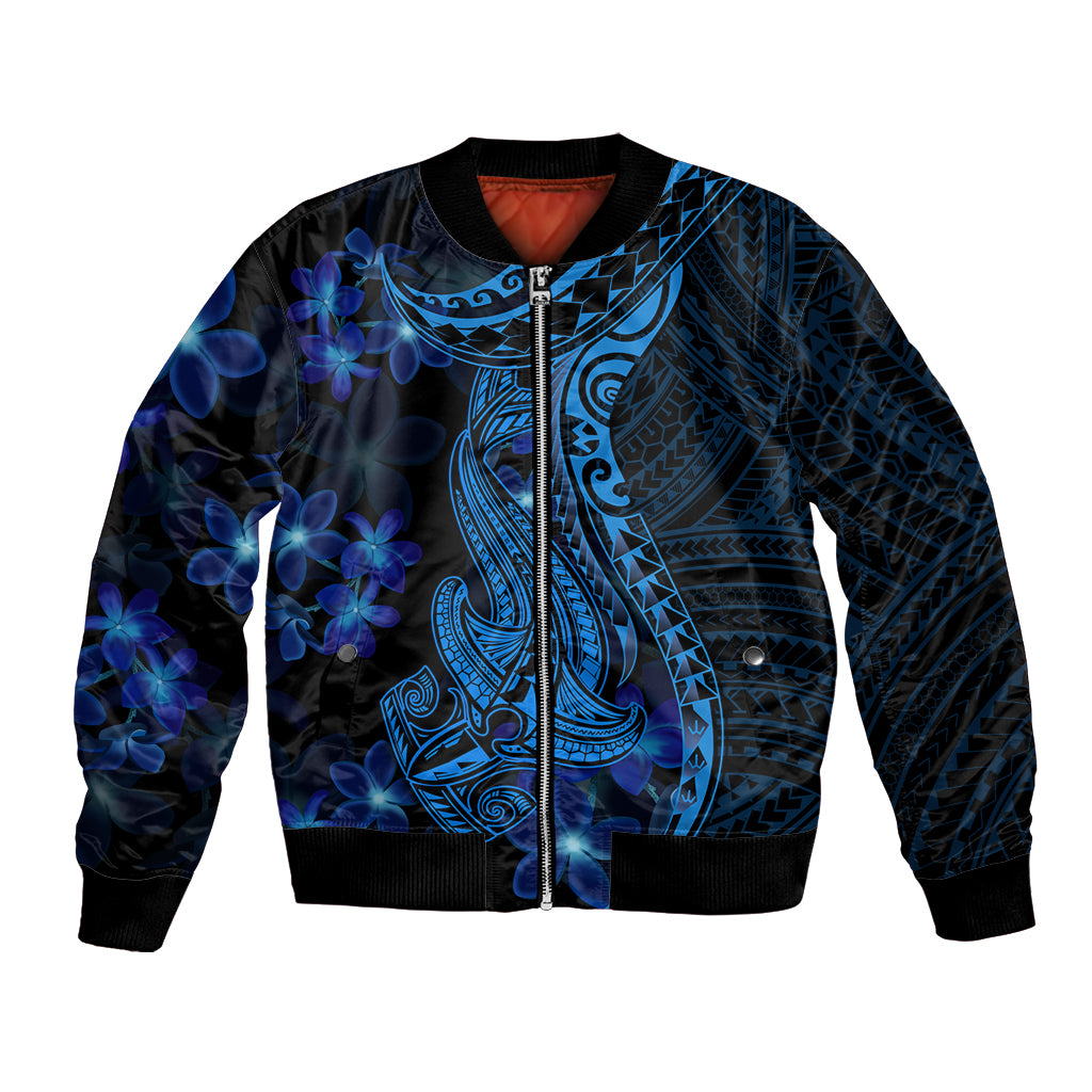 Blue Polynesia Shark Tattoo Bomber Jacket With Polynesian Plumeria - Wonder Print Shop