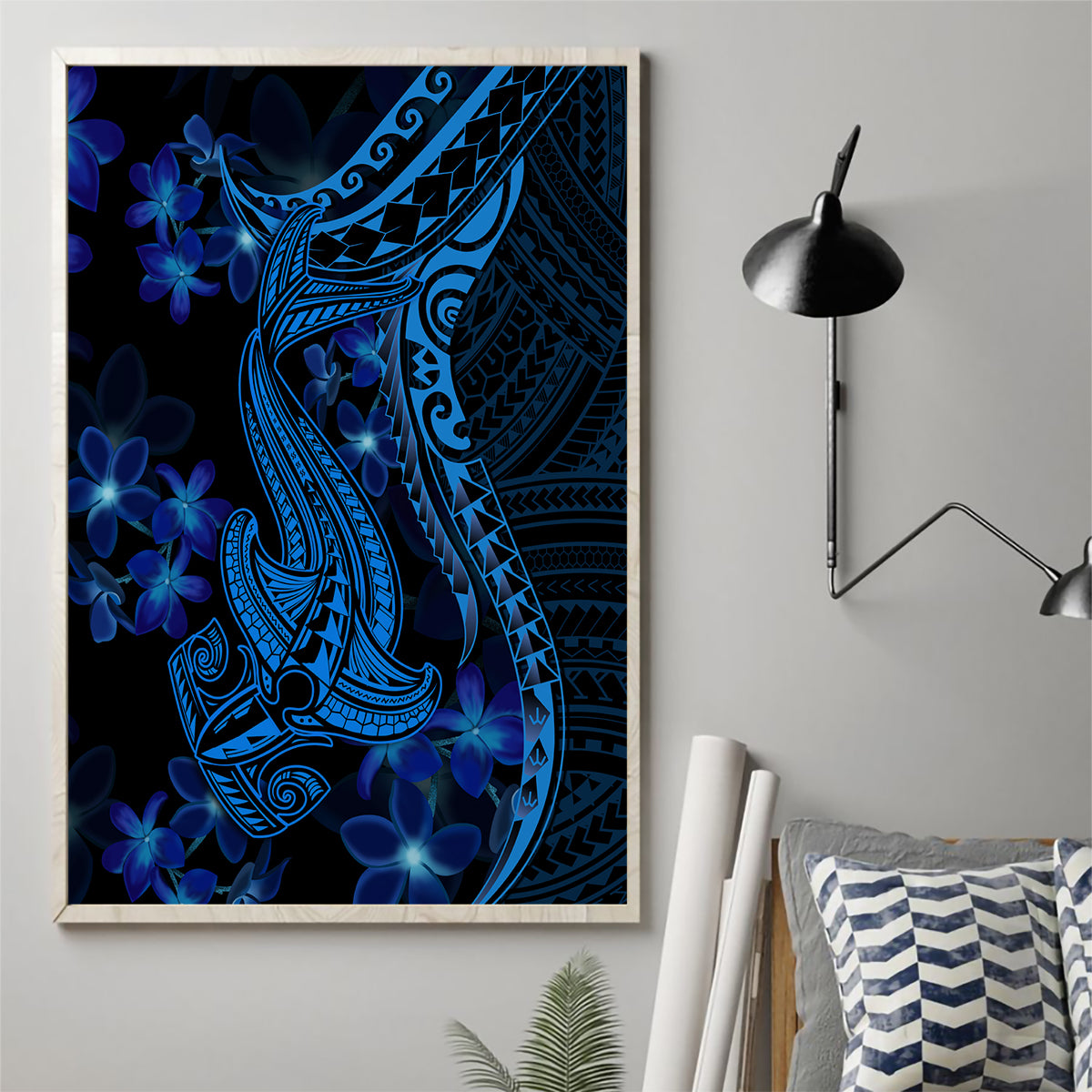 Blue Polynesia Shark Tattoo Canvas Wall Art With Polynesian Plumeria - Wonder Print Shop
