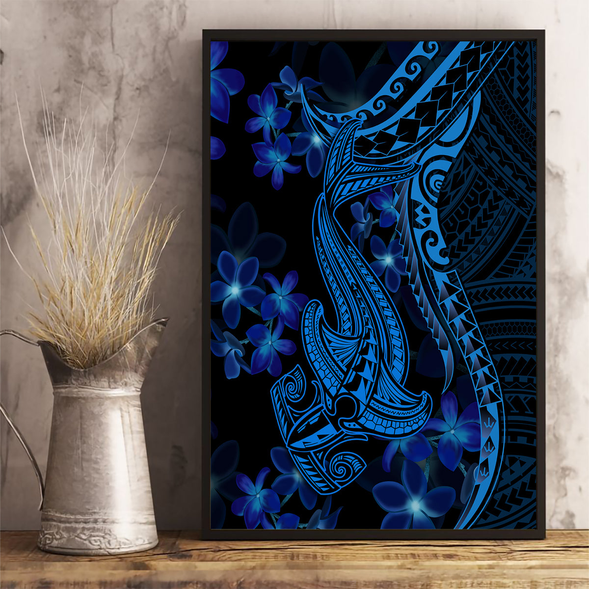 Blue Polynesia Shark Tattoo Canvas Wall Art With Polynesian Plumeria - Wonder Print Shop