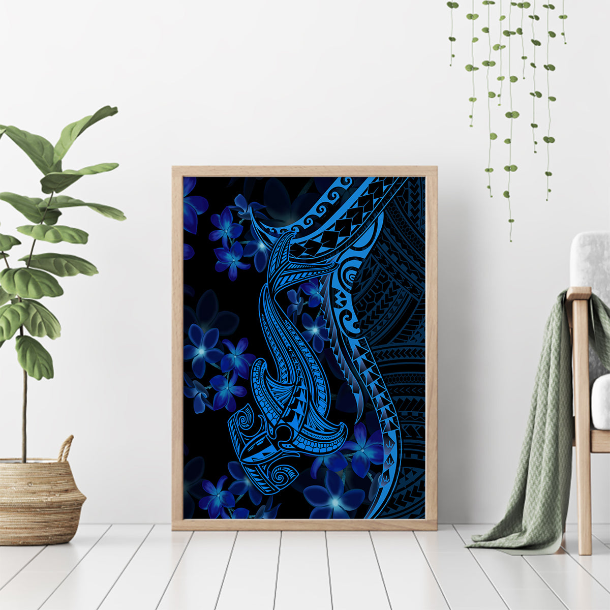 Blue Polynesia Shark Tattoo Canvas Wall Art With Polynesian Plumeria - Wonder Print Shop