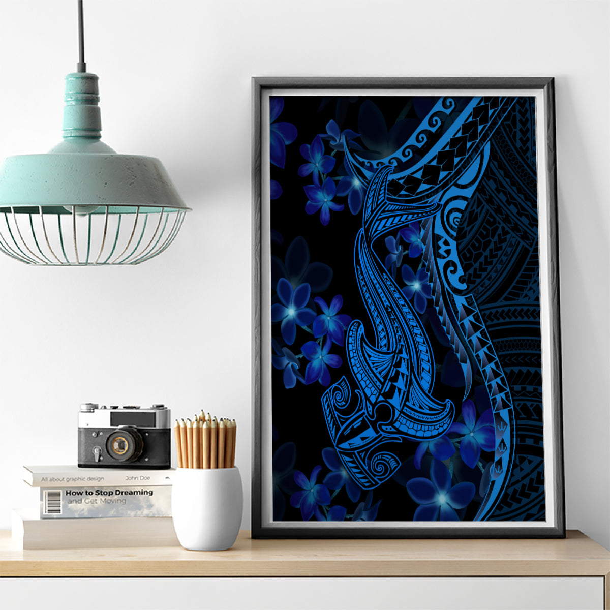 Blue Polynesia Shark Tattoo Canvas Wall Art With Polynesian Plumeria - Wonder Print Shop