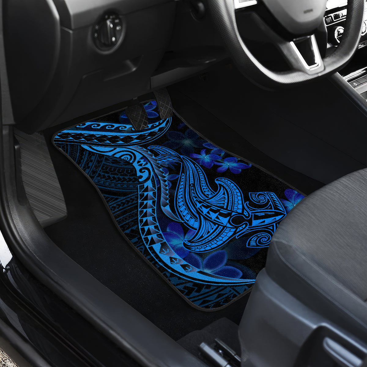 Blue Polynesia Shark Tattoo Car Mats With Polynesian Plumeria - Wonder Print Shop