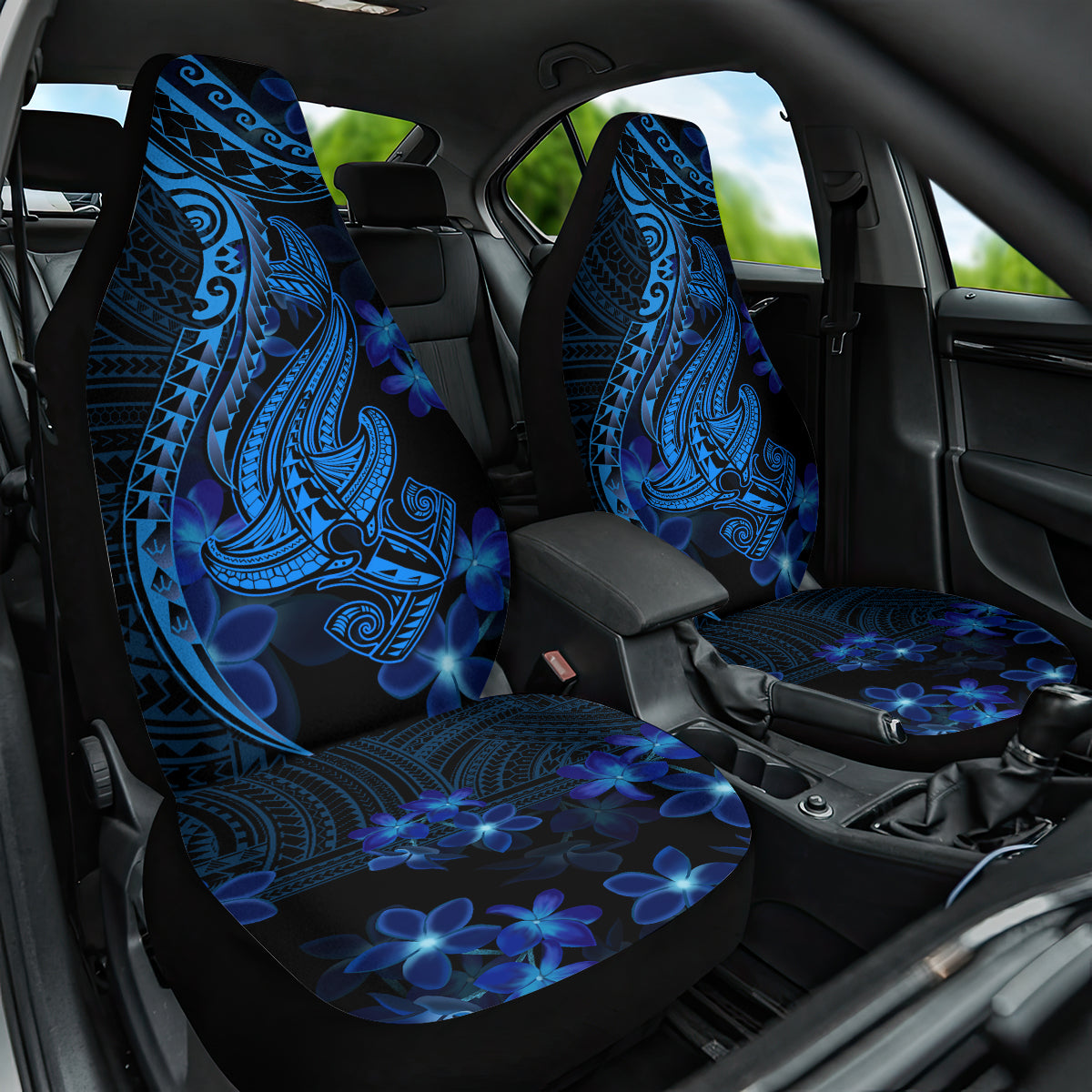 Blue Polynesia Shark Tattoo Car Seat Cover With Polynesian Plumeria - Wonder Print Shop