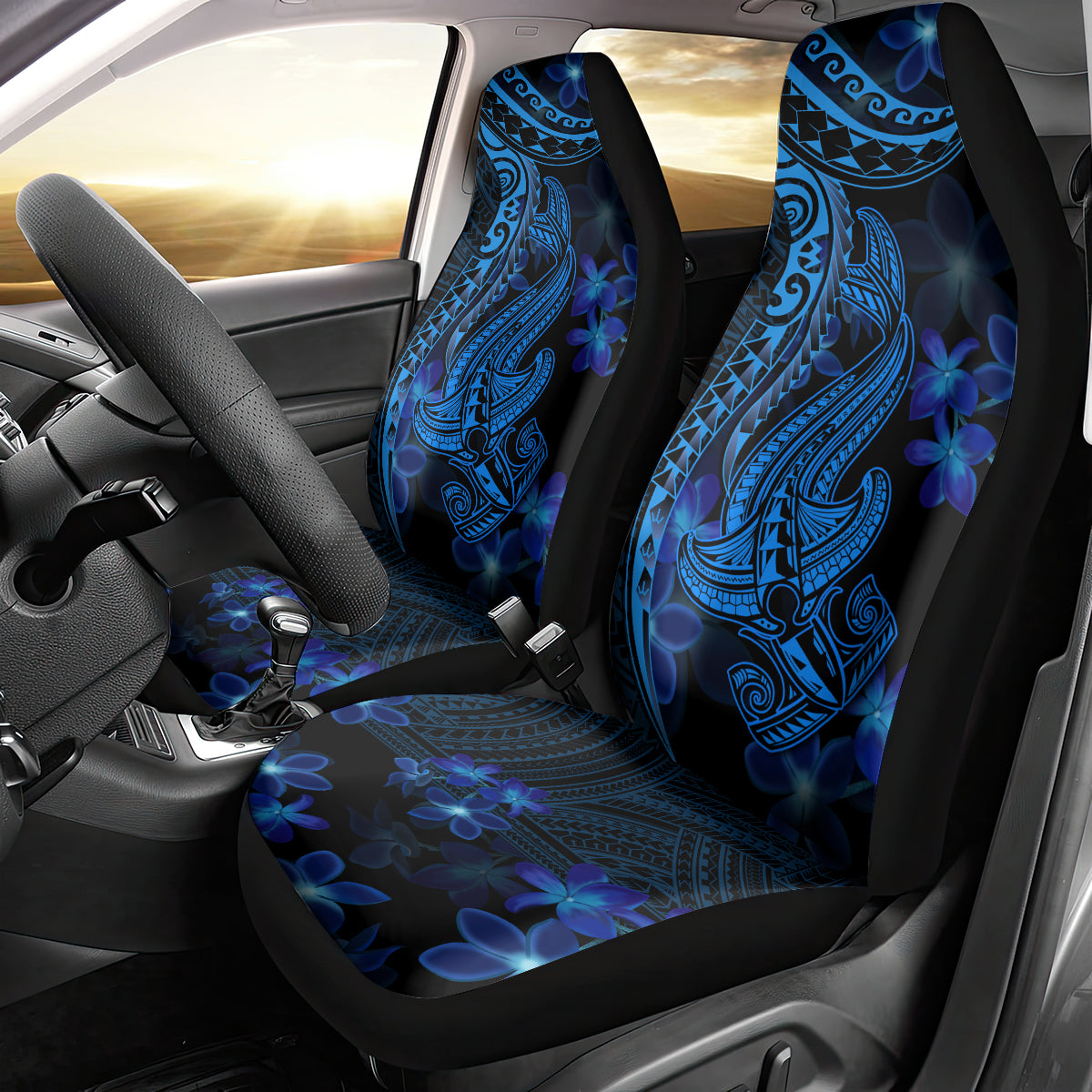 Blue Polynesia Shark Tattoo Car Seat Cover With Polynesian Plumeria - Wonder Print Shop