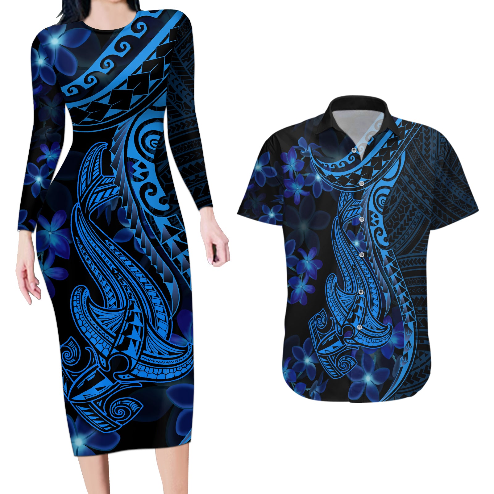 Blue Polynesia Shark Tattoo Couples Matching Long Sleeve Bodycon Dress and Hawaiian Shirt With Polynesian Plumeria - Wonder Print Shop