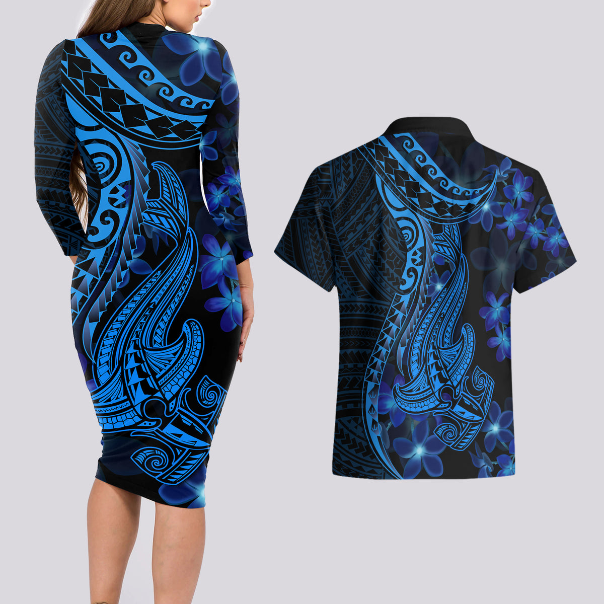 Blue Polynesia Shark Tattoo Couples Matching Long Sleeve Bodycon Dress and Hawaiian Shirt With Polynesian Plumeria - Wonder Print Shop