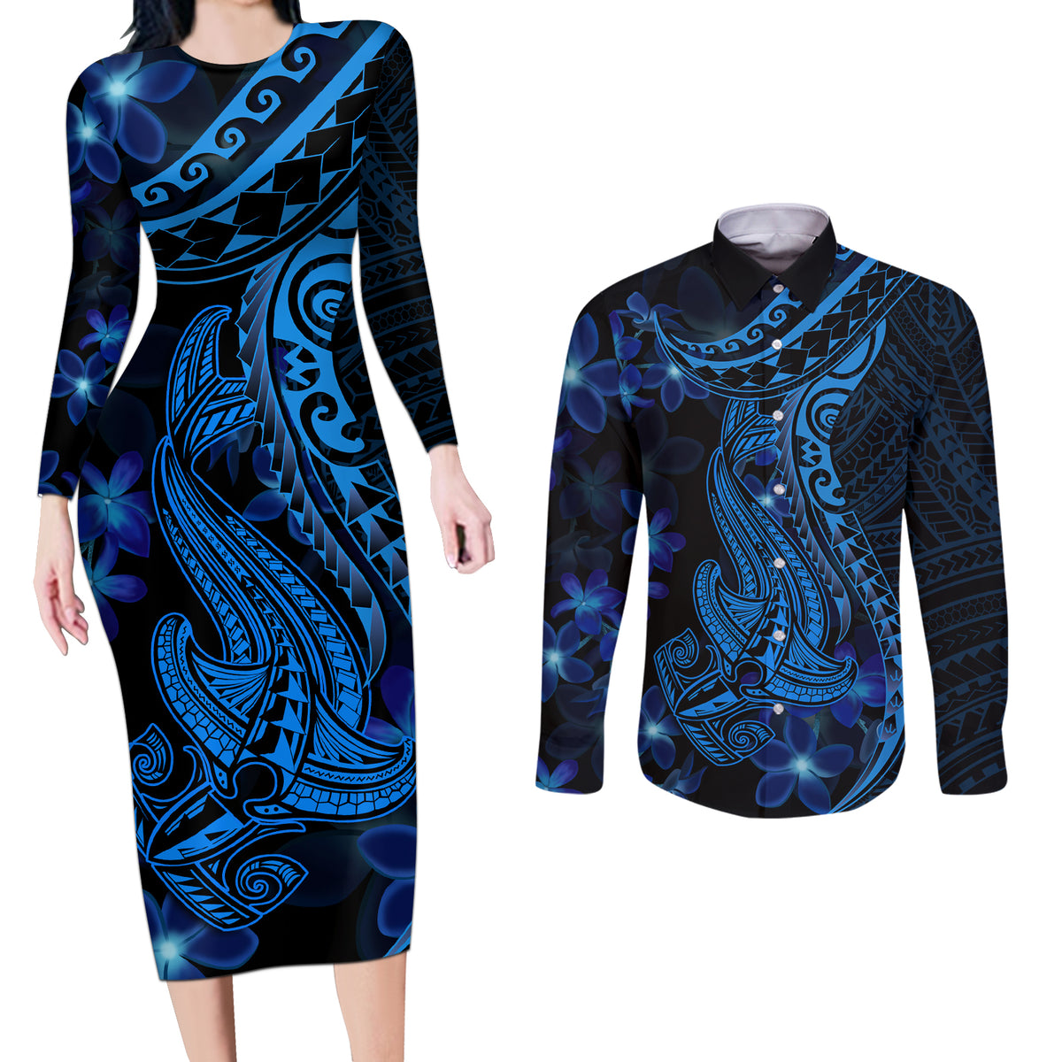 Blue Polynesia Shark Tattoo Couples Matching Long Sleeve Bodycon Dress and Long Sleeve Button Shirt With Polynesian Plumeria - Wonder Print Shop