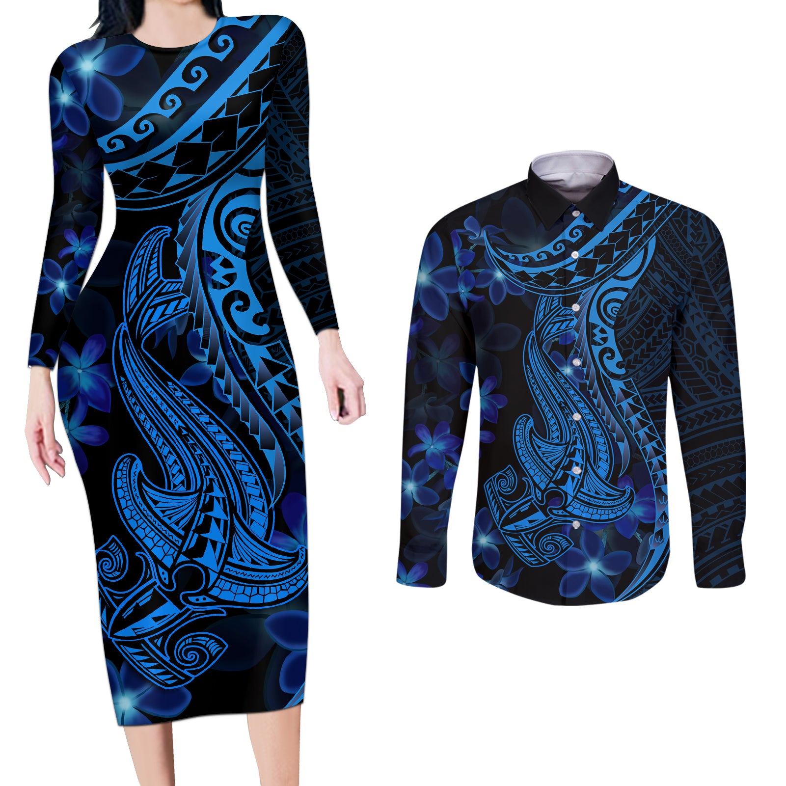 Blue Polynesia Shark Tattoo Couples Matching Long Sleeve Bodycon Dress and Long Sleeve Button Shirt With Polynesian Plumeria - Wonder Print Shop