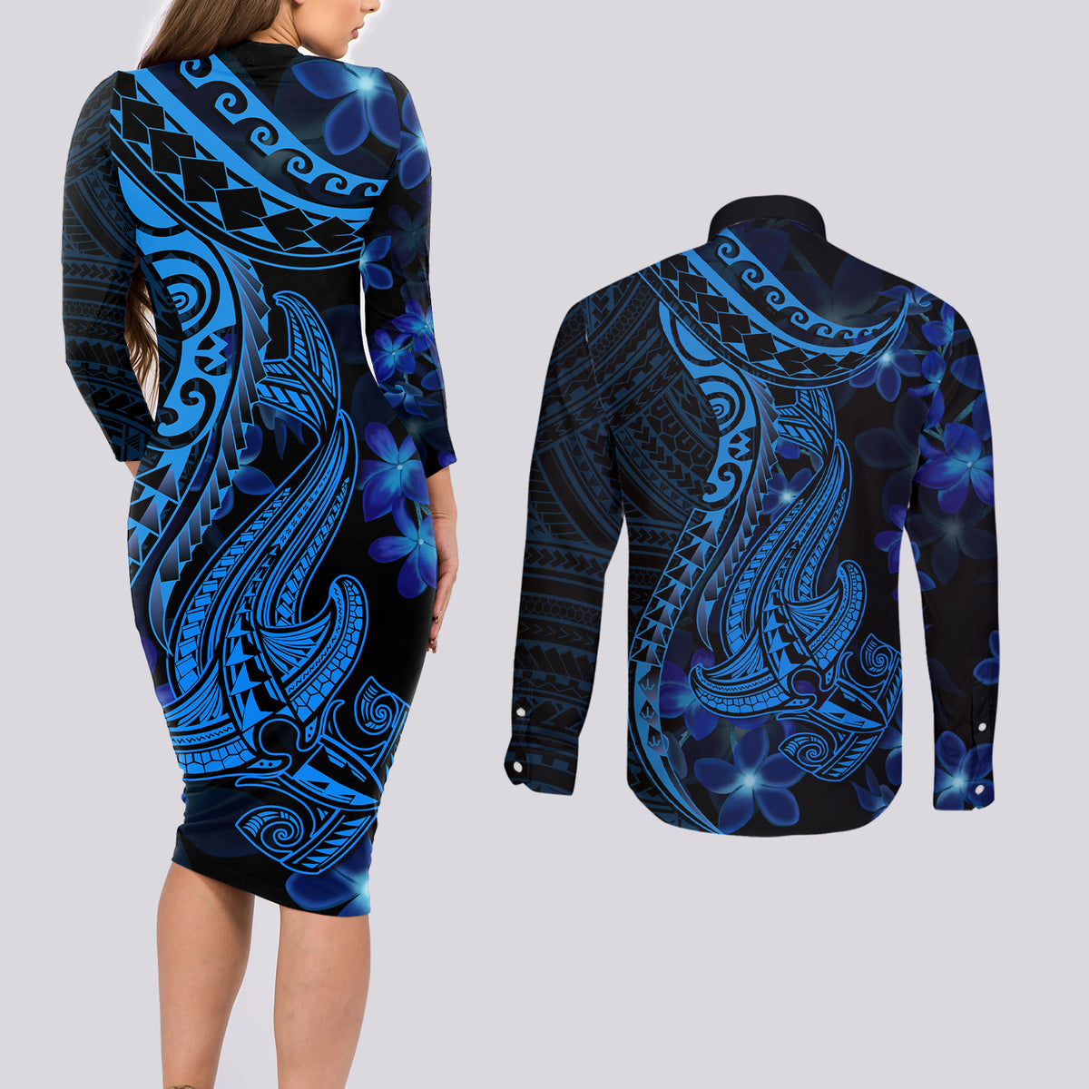 Blue Polynesia Shark Tattoo Couples Matching Long Sleeve Bodycon Dress and Long Sleeve Button Shirt With Polynesian Plumeria - Wonder Print Shop