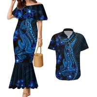 Blue Polynesia Shark Tattoo Couples Matching Mermaid Dress and Hawaiian Shirt With Polynesian Plumeria - Wonder Print Shop