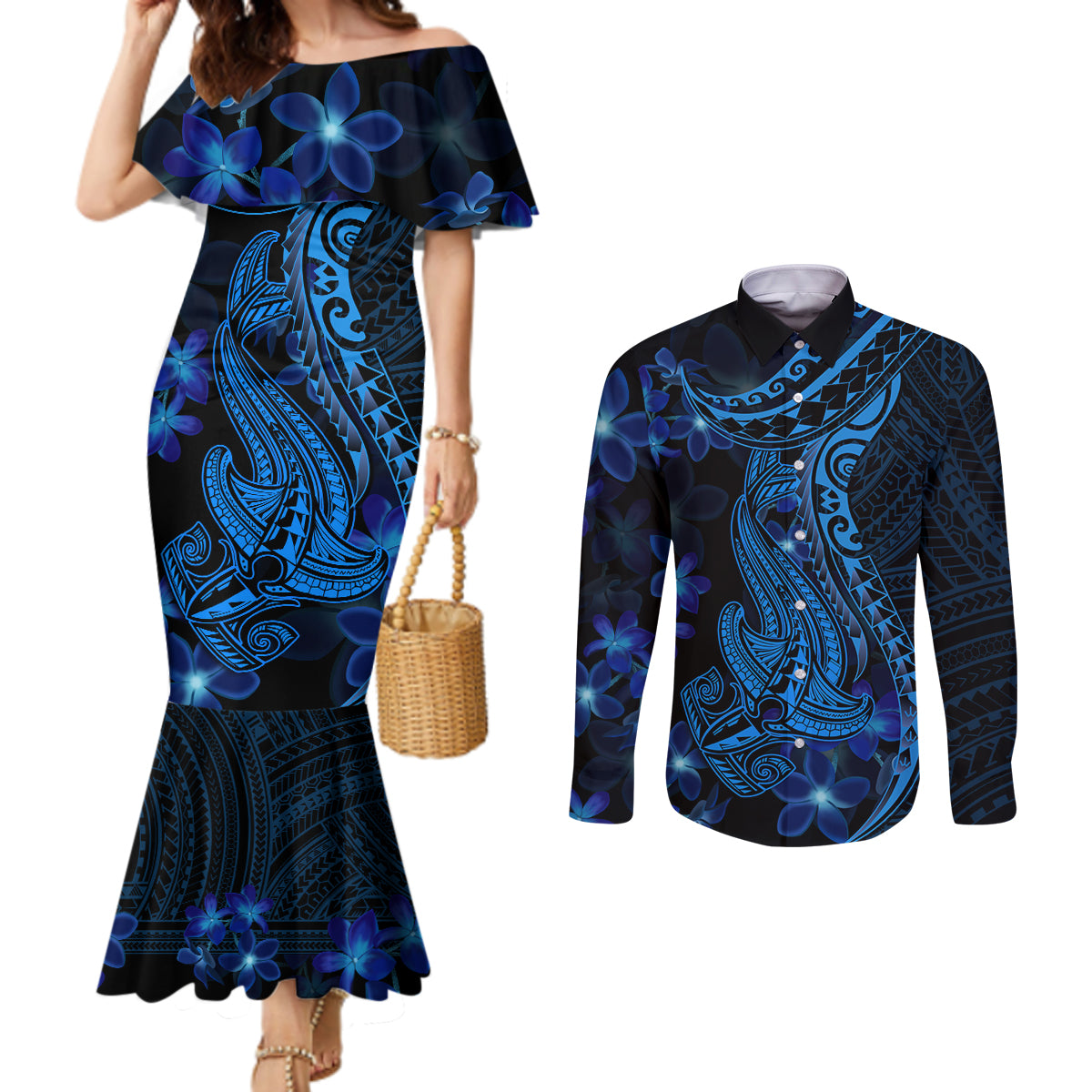 blue-polynesia-shark-tattoo-couples-matching-mermaid-dress-and-long-sleeve-button-shirt-with-polynesian-plumeria