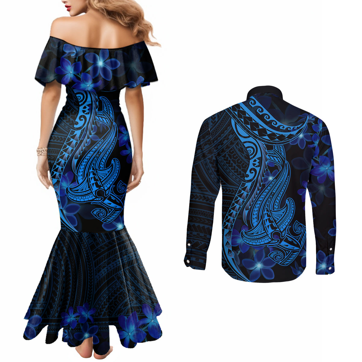 blue-polynesia-shark-tattoo-couples-matching-mermaid-dress-and-long-sleeve-button-shirt-with-polynesian-plumeria