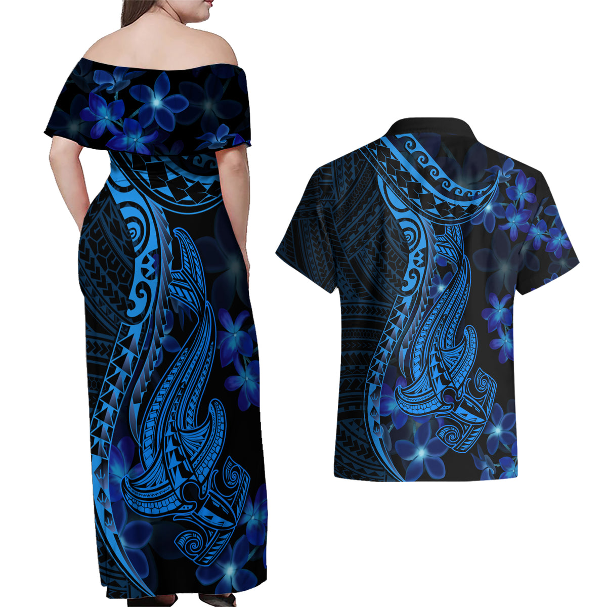 Blue Polynesia Shark Tattoo Couples Matching Off Shoulder Maxi Dress and Hawaiian Shirt With Polynesian Plumeria - Wonder Print Shop