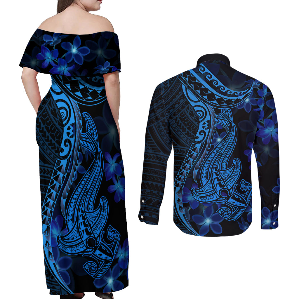 Blue Polynesia Shark Tattoo Couples Matching Off Shoulder Maxi Dress and Long Sleeve Button Shirt With Polynesian Plumeria - Wonder Print Shop