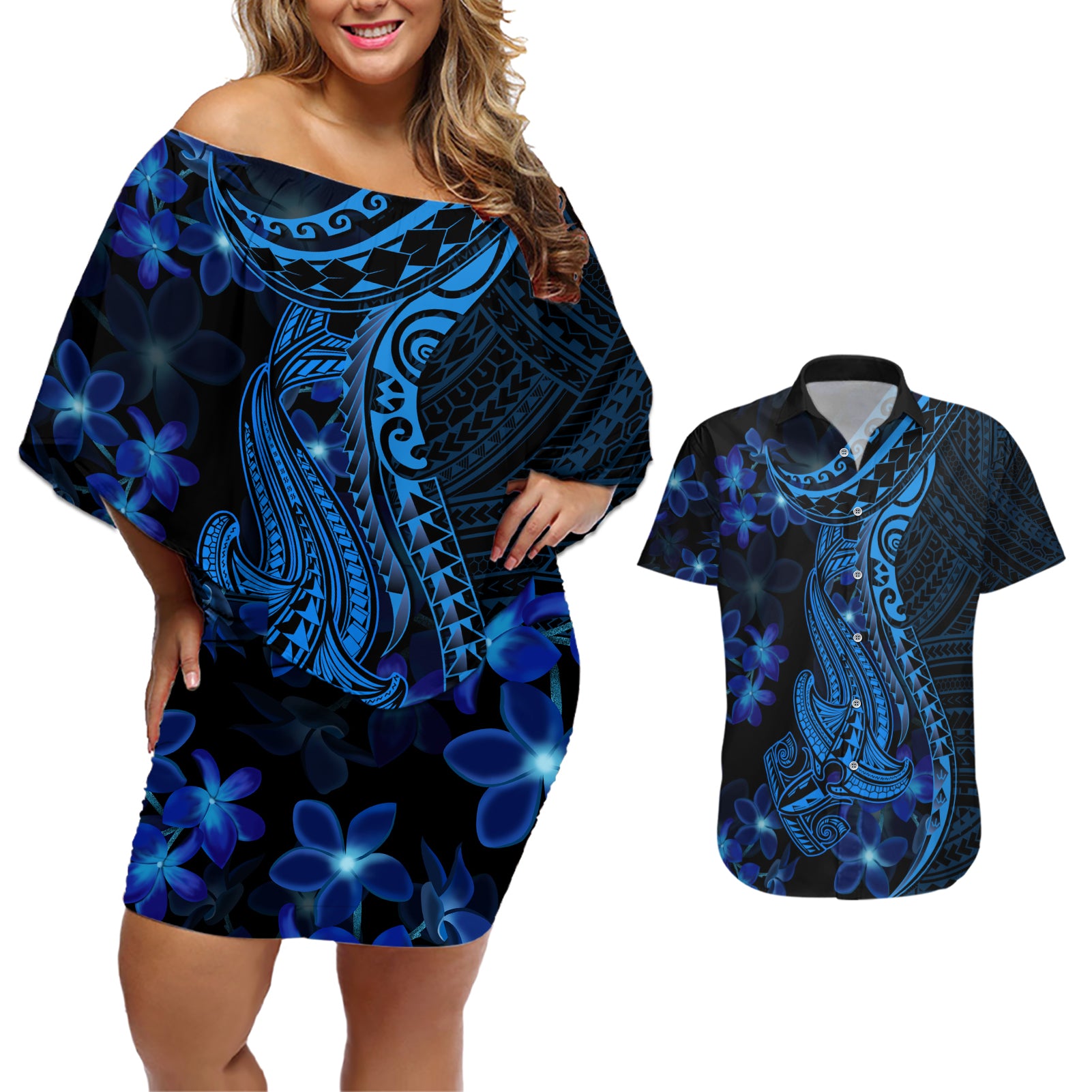 Blue Polynesia Shark Tattoo Couples Matching Off Shoulder Short Dress and Hawaiian Shirt With Polynesian Plumeria - Wonder Print Shop