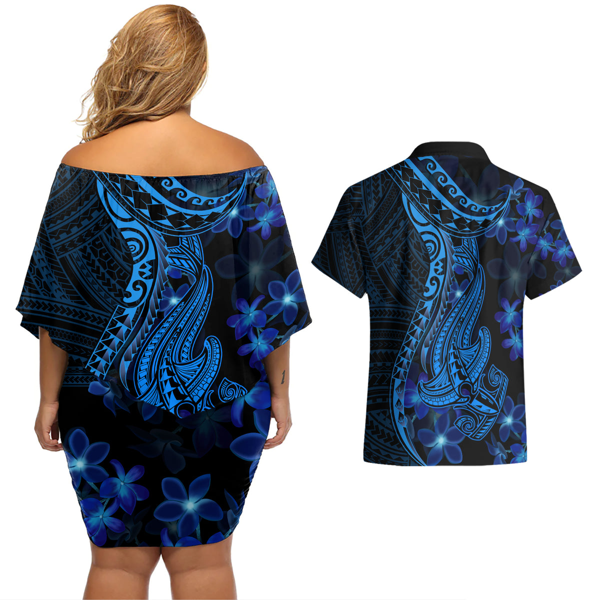 Blue Polynesia Shark Tattoo Couples Matching Off Shoulder Short Dress and Hawaiian Shirt With Polynesian Plumeria - Wonder Print Shop