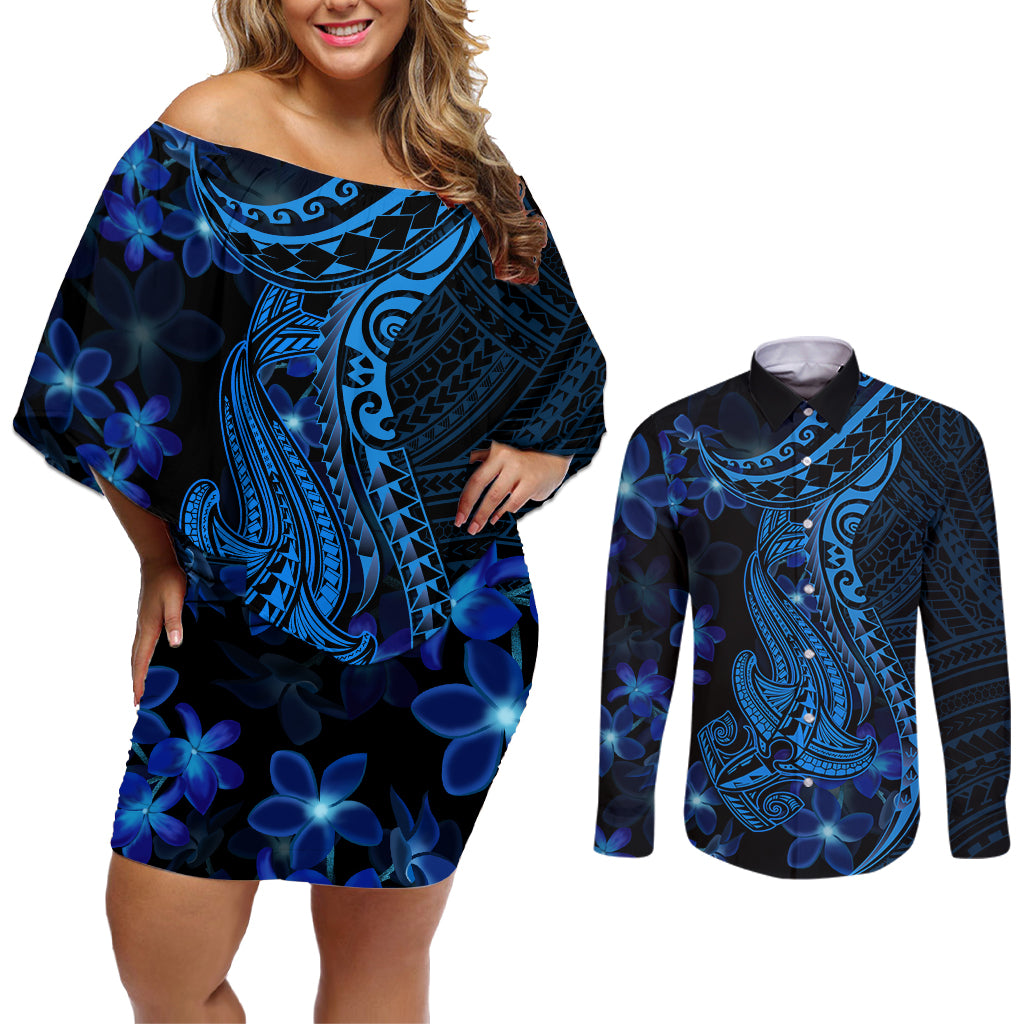 Blue Polynesia Shark Tattoo Couples Matching Off Shoulder Short Dress and Long Sleeve Button Shirt With Polynesian Plumeria - Wonder Print Shop