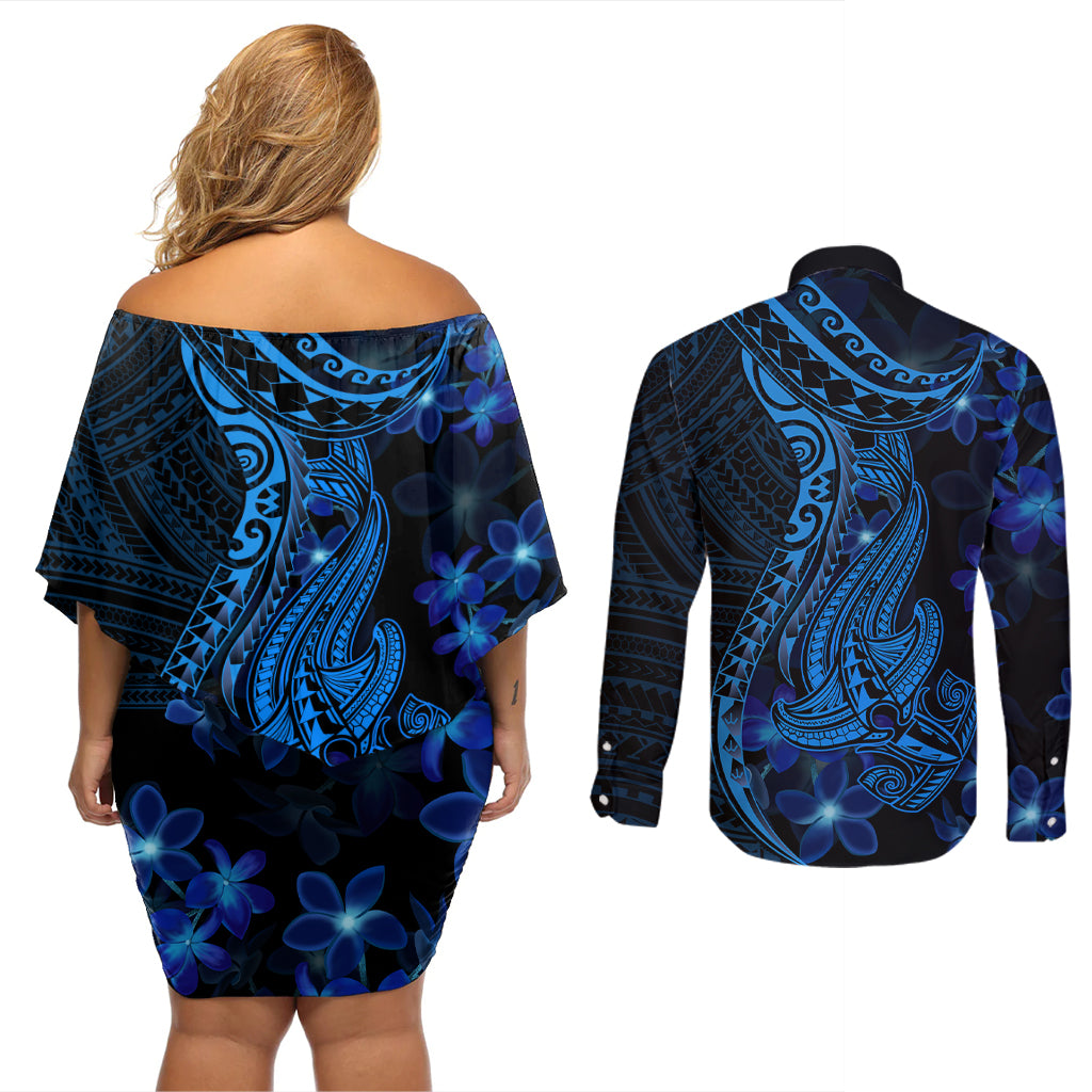 Blue Polynesia Shark Tattoo Couples Matching Off Shoulder Short Dress and Long Sleeve Button Shirt With Polynesian Plumeria - Wonder Print Shop