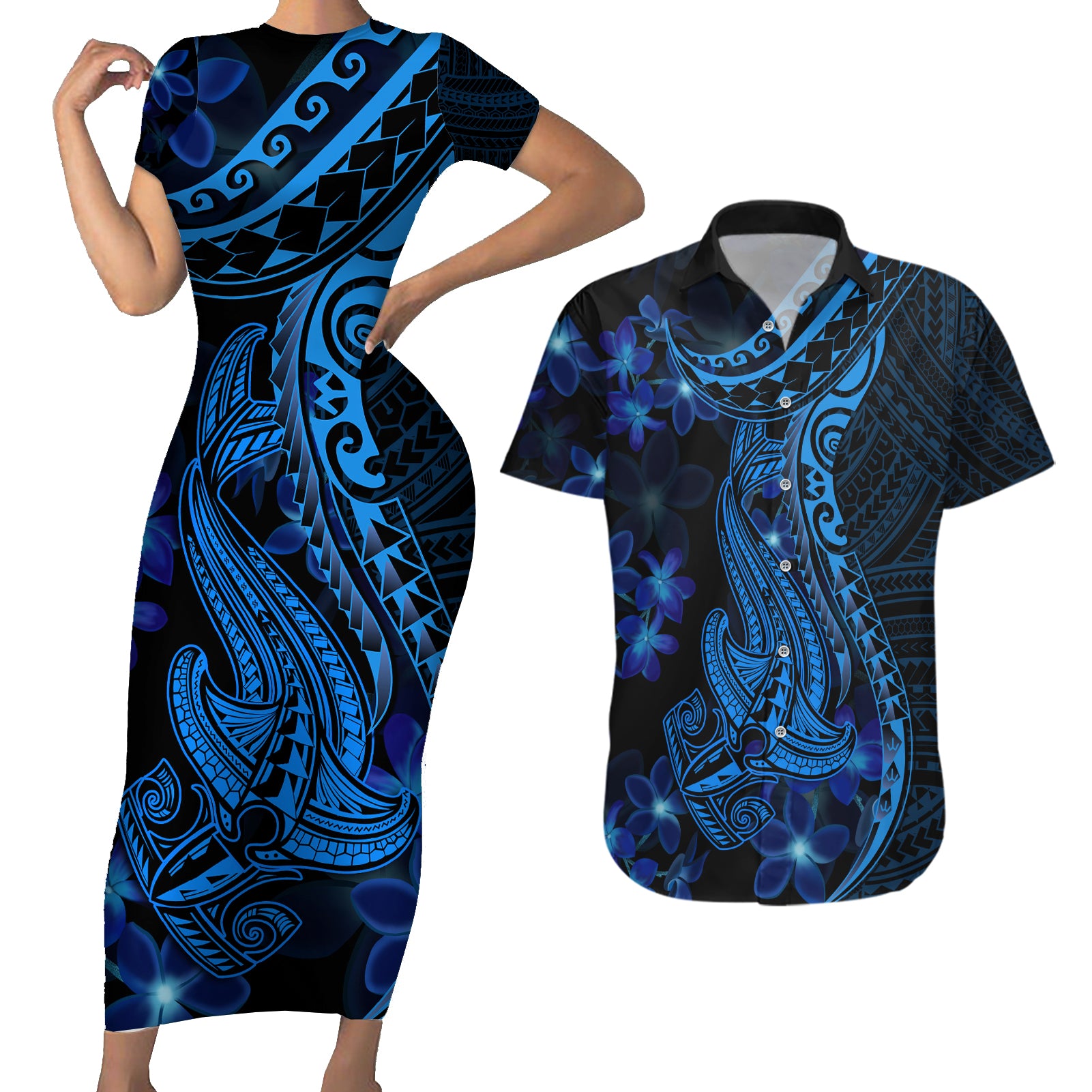 Blue Polynesia Shark Tattoo Couples Matching Short Sleeve Bodycon Dress and Hawaiian Shirt With Polynesian Plumeria - Wonder Print Shop