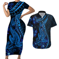 Blue Polynesia Shark Tattoo Couples Matching Short Sleeve Bodycon Dress and Hawaiian Shirt With Polynesian Plumeria - Wonder Print Shop