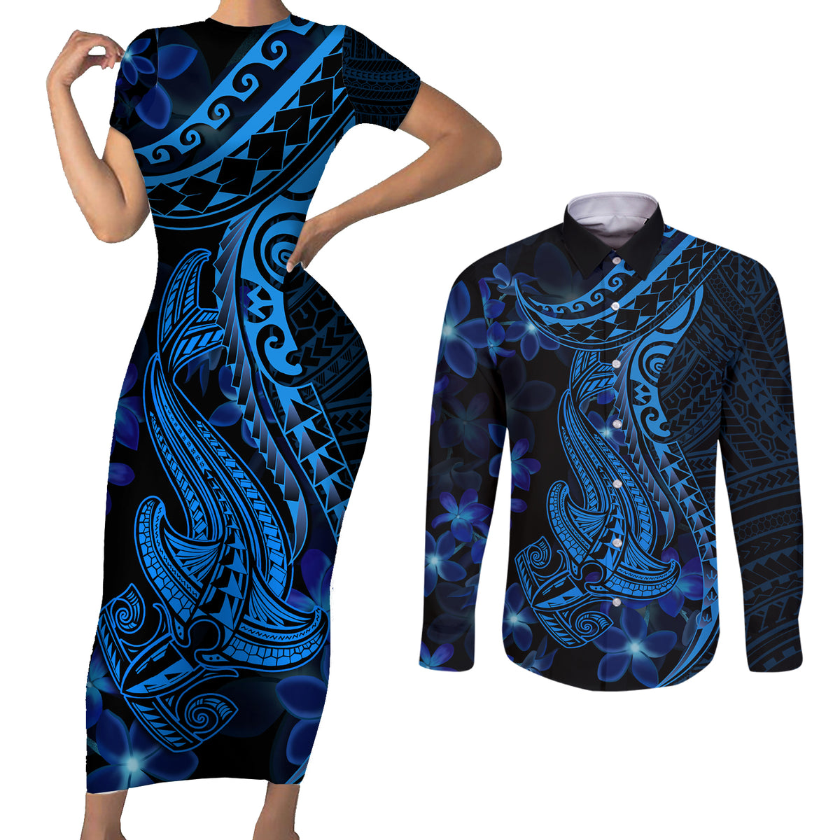 Blue Polynesia Shark Tattoo Couples Matching Short Sleeve Bodycon Dress and Long Sleeve Button Shirt With Polynesian Plumeria - Wonder Print Shop