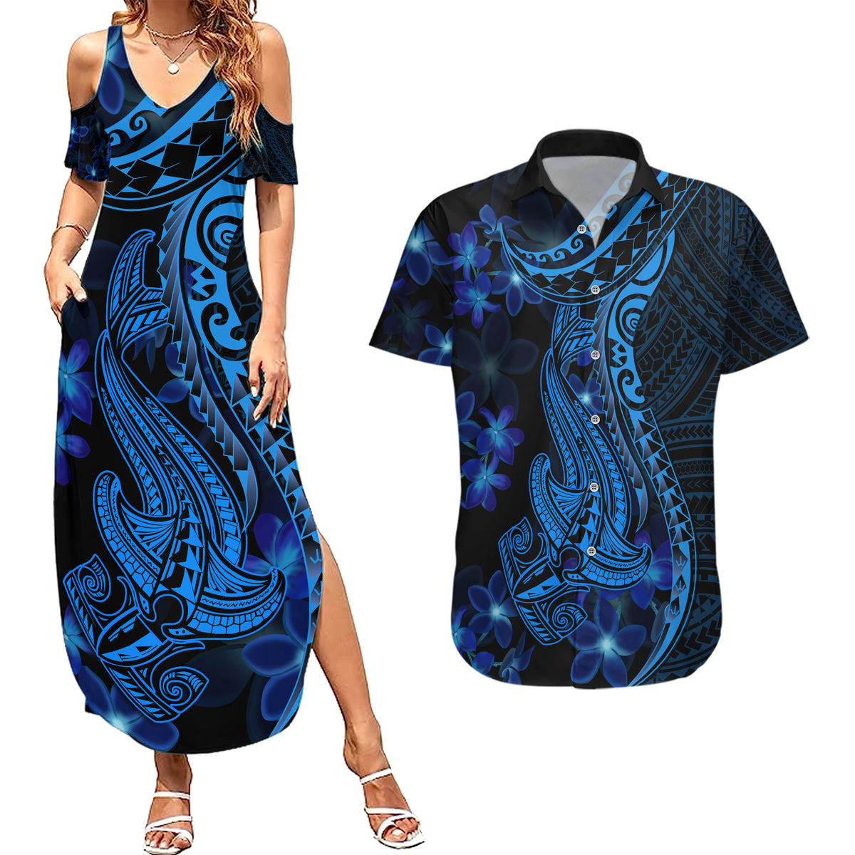 Blue Polynesia Shark Tattoo Couples Matching Summer Maxi Dress and Hawaiian Shirt With Polynesian Plumeria - Wonder Print Shop