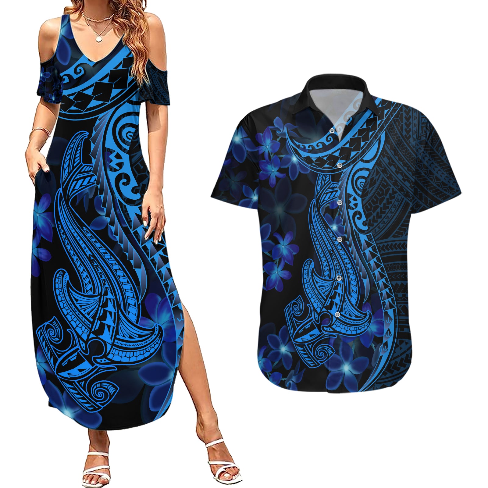 Blue Polynesia Shark Tattoo Couples Matching Summer Maxi Dress and Hawaiian Shirt With Polynesian Plumeria - Wonder Print Shop