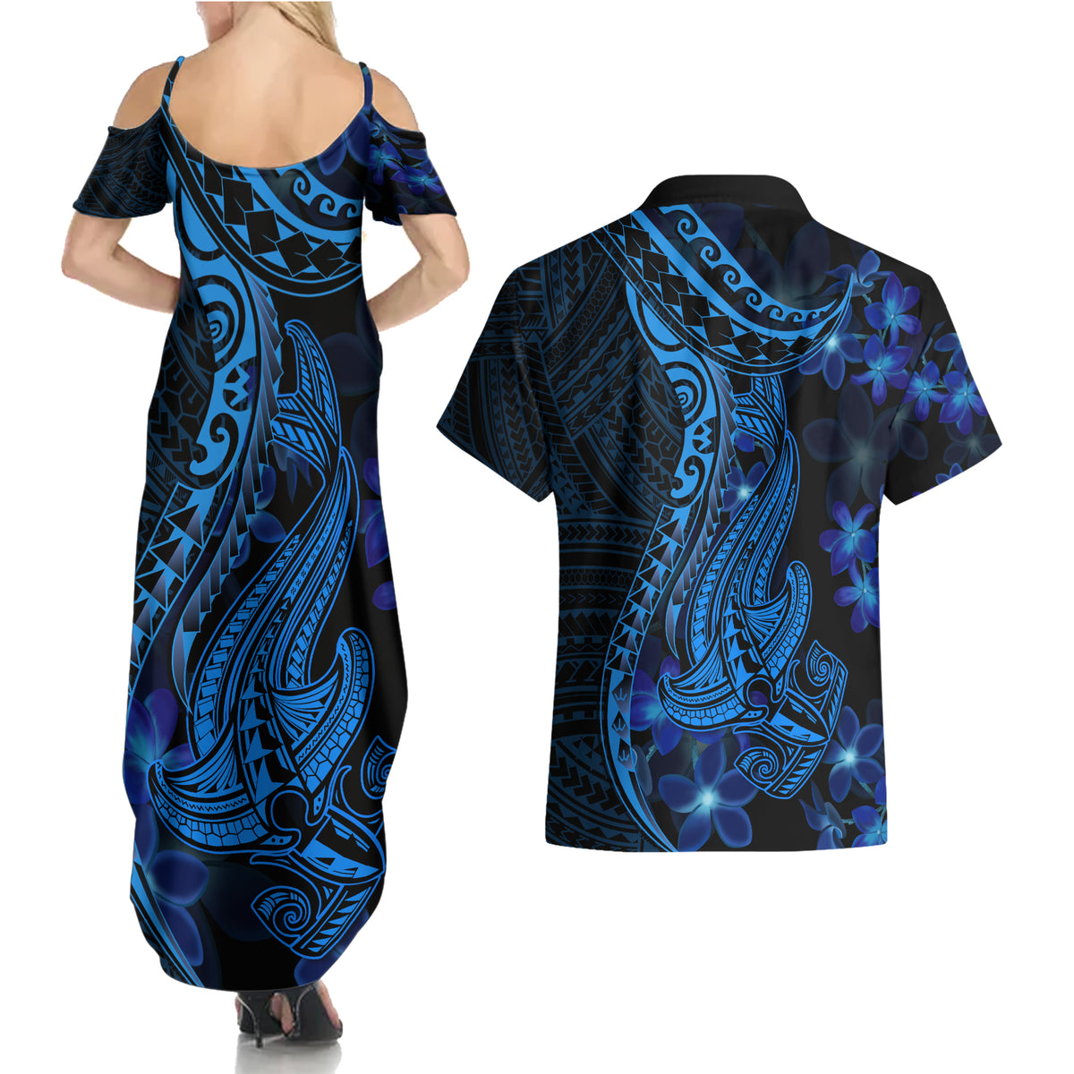 Blue Polynesia Shark Tattoo Couples Matching Summer Maxi Dress and Hawaiian Shirt With Polynesian Plumeria - Wonder Print Shop
