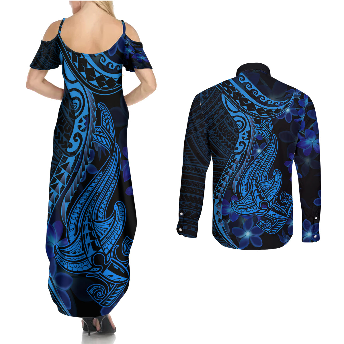 Blue Polynesia Shark Tattoo Couples Matching Summer Maxi Dress and Long Sleeve Button Shirt With Polynesian Plumeria - Wonder Print Shop