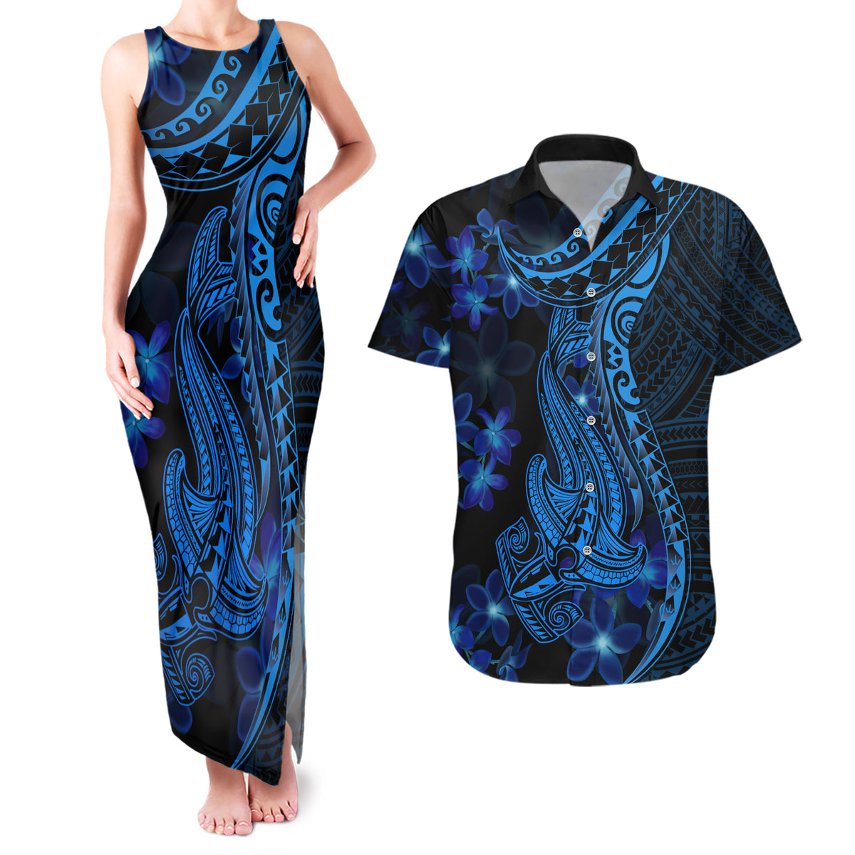 Blue Polynesia Shark Tattoo Couples Matching Tank Maxi Dress and Hawaiian Shirt With Polynesian Plumeria - Wonder Print Shop