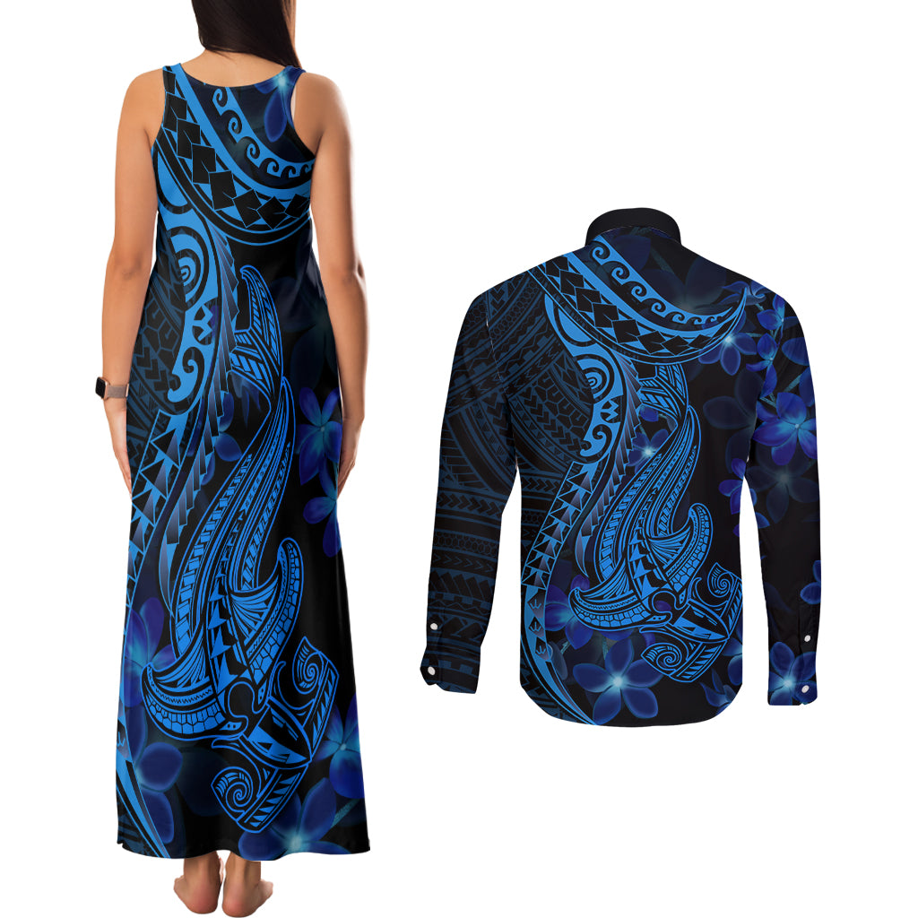 Blue Polynesia Shark Tattoo Couples Matching Tank Maxi Dress and Long Sleeve Button Shirt With Polynesian Plumeria - Wonder Print Shop