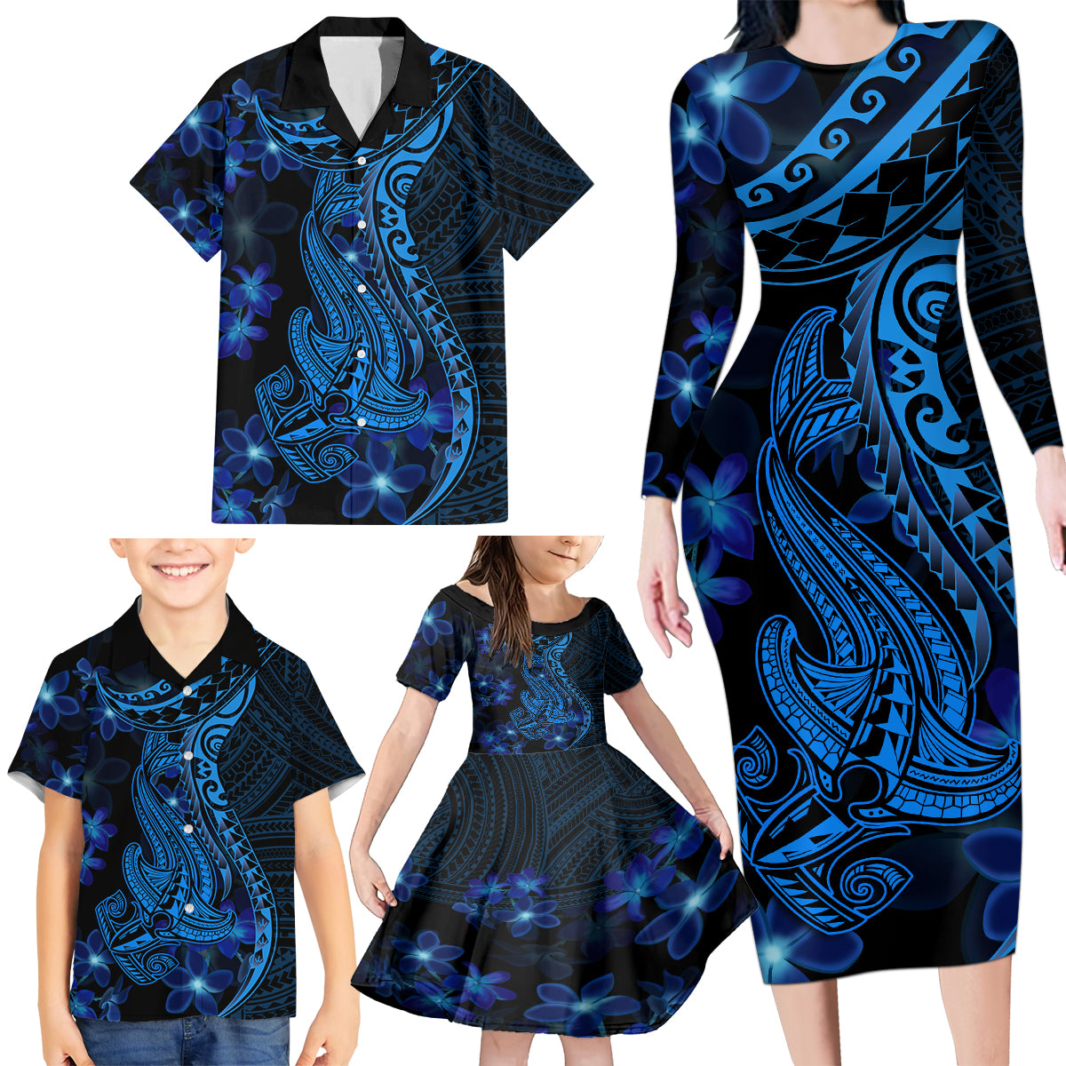 Blue Polynesia Shark Tattoo Family Matching Long Sleeve Bodycon Dress and Hawaiian Shirt With Polynesian Plumeria - Wonder Print Shop