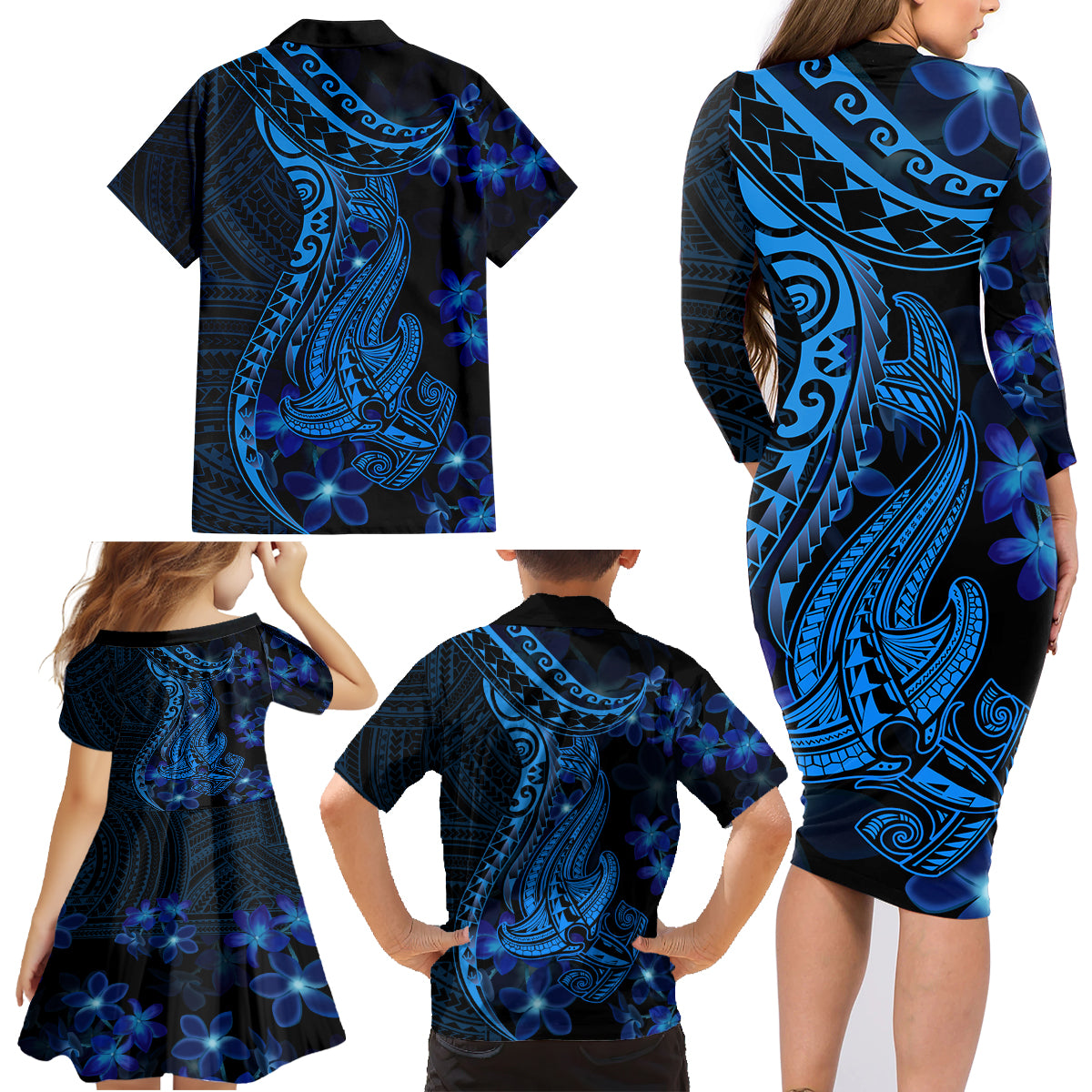 Blue Polynesia Shark Tattoo Family Matching Long Sleeve Bodycon Dress and Hawaiian Shirt With Polynesian Plumeria - Wonder Print Shop