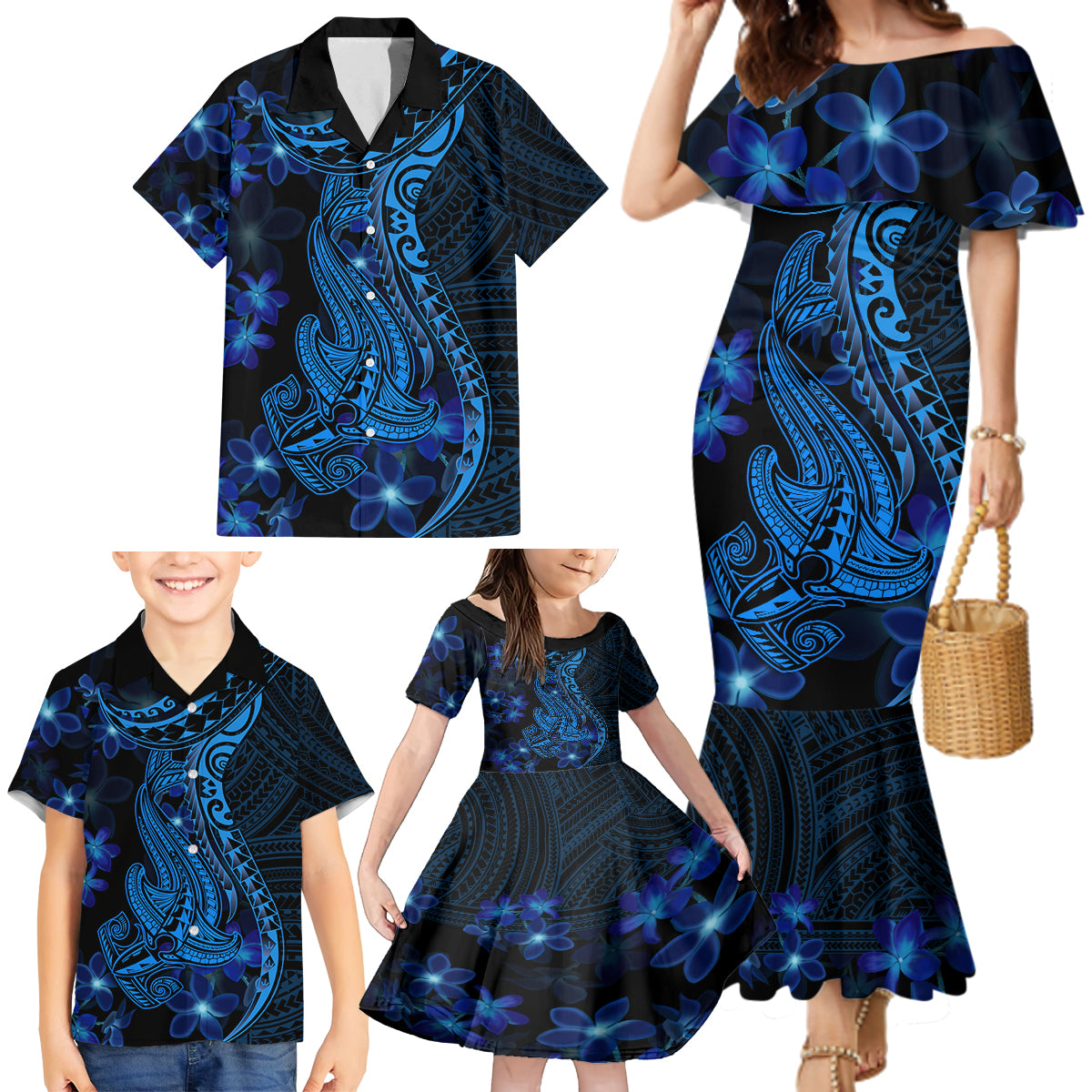 Blue Polynesia Shark Tattoo Family Matching Mermaid Dress and Hawaiian Shirt With Polynesian Plumeria - Wonder Print Shop