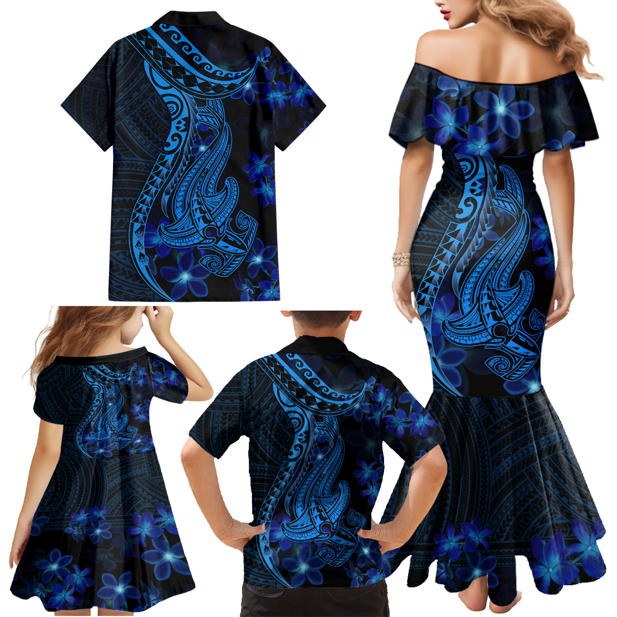 Blue Polynesia Shark Tattoo Family Matching Mermaid Dress and Hawaiian Shirt With Polynesian Plumeria - Wonder Print Shop