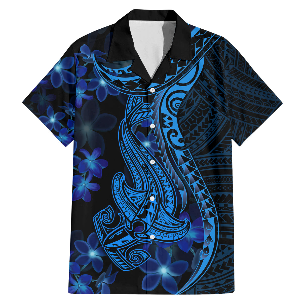 Blue Polynesia Shark Tattoo Family Matching Mermaid Dress and Hawaiian Shirt With Polynesian Plumeria - Wonder Print Shop
