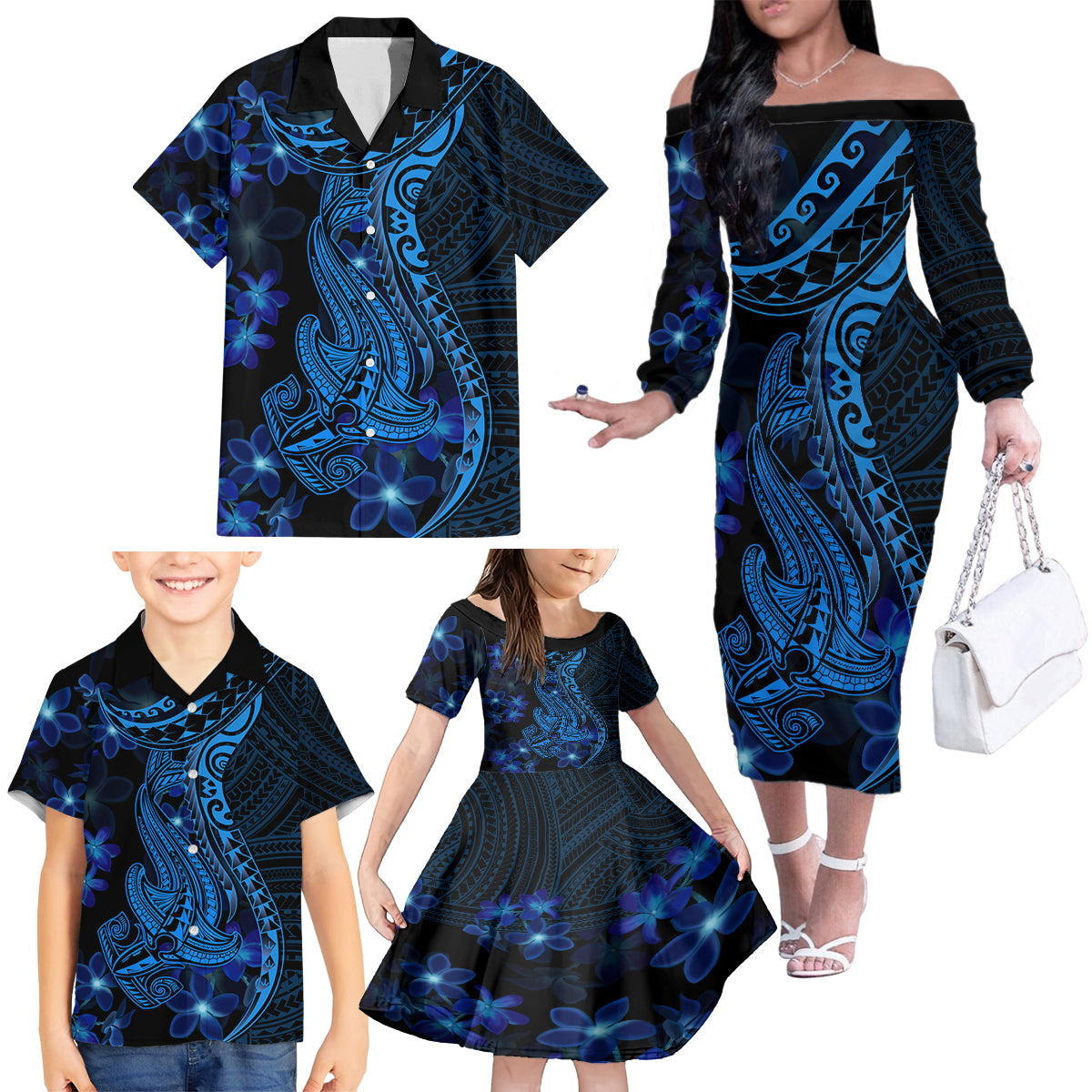Blue Polynesia Shark Tattoo Family Matching Off Shoulder Long Sleeve Dress and Hawaiian Shirt With Polynesian Plumeria - Wonder Print Shop