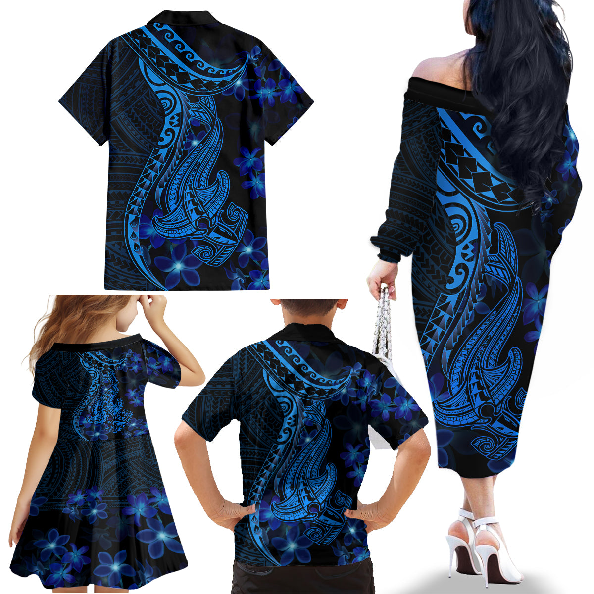 Blue Polynesia Shark Tattoo Family Matching Off Shoulder Long Sleeve Dress and Hawaiian Shirt With Polynesian Plumeria - Wonder Print Shop
