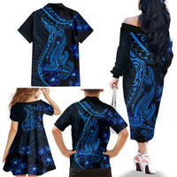 Blue Polynesia Shark Tattoo Family Matching Off Shoulder Long Sleeve Dress and Hawaiian Shirt With Polynesian Plumeria - Wonder Print Shop