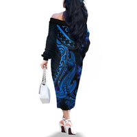 Blue Polynesia Shark Tattoo Family Matching Off Shoulder Long Sleeve Dress and Hawaiian Shirt With Polynesian Plumeria - Wonder Print Shop