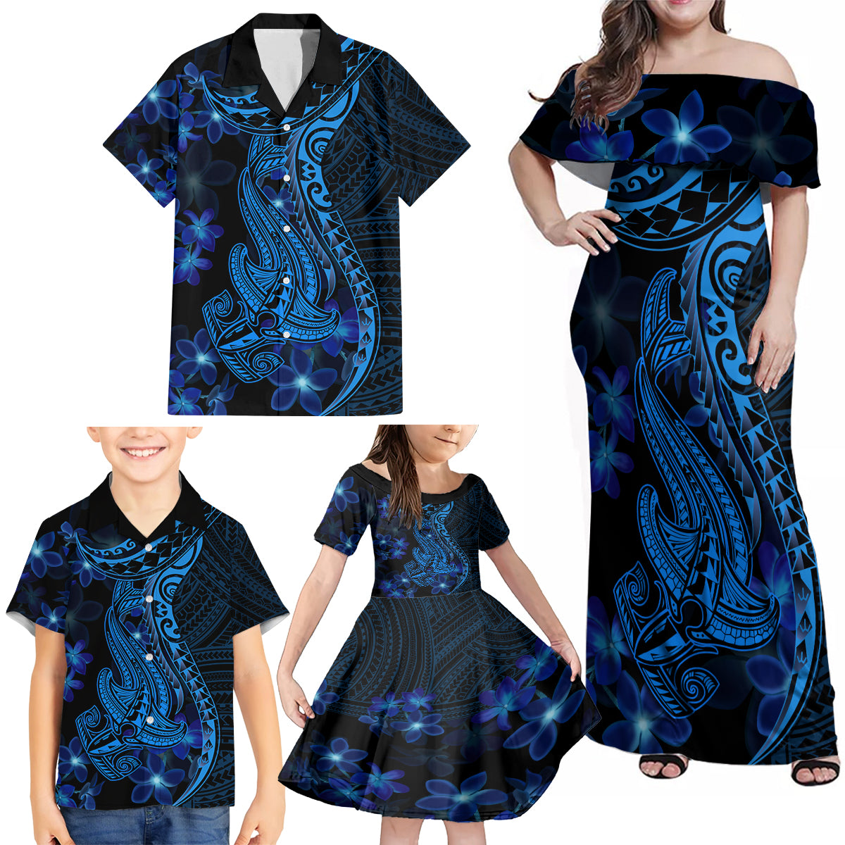 Blue Polynesia Shark Tattoo Family Matching Off Shoulder Maxi Dress and Hawaiian Shirt With Polynesian Plumeria - Wonder Print Shop